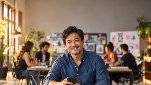 Profissional de marketing sorrindo, com camisa casual azul, segurando um smartphone, em uma agência criativa moderna com equipe desfocada e quadros de ideias