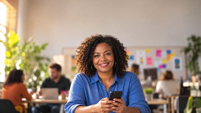 Profissional de marketing sorrindo, com camisa casual azul, segurando um smartphone, em uma agência criativa moderna com equipe desfocada e quadros de ideias