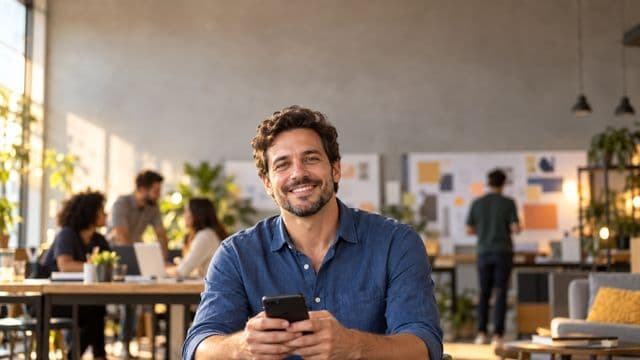 Profissional de marketing sorrindo, com camisa casual azul, segurando um smartphone, em uma agência criativa moderna com equipe desfocada e quadros de ideias