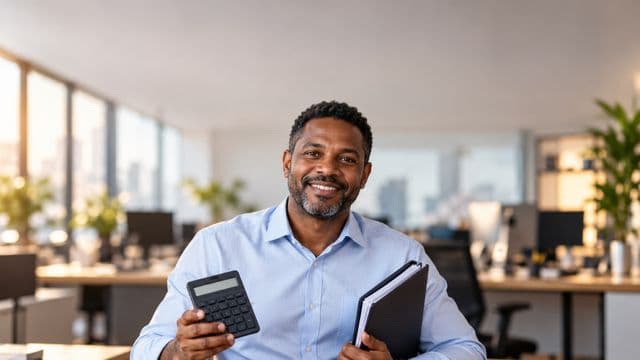 Contador sorrindo, com camisa social azul-clara, segurando uma calculadora e uma pasta de documentos, em um escritório contábil moderno