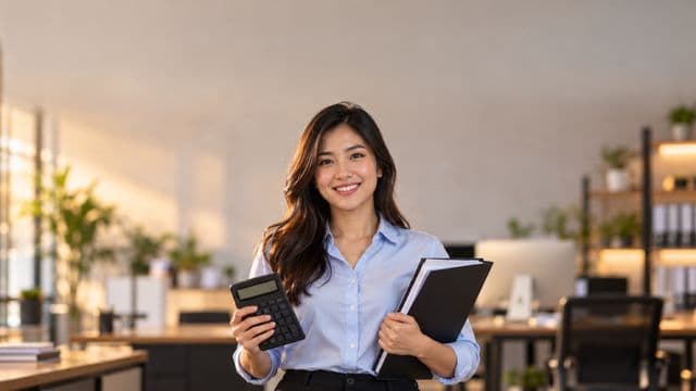 Contadora sorrindo, com camisa social azul-clara, segurando uma calculadora e uma pasta de documentos, em um escritório contábil moderno