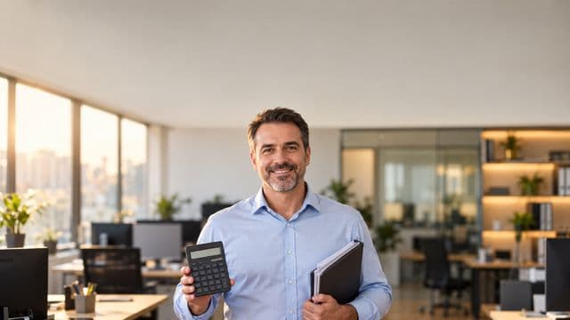 Contador sorrindo, com camisa social azul-clara, segurando uma calculadora e uma pasta de documentos, em um escritório contábil moderno