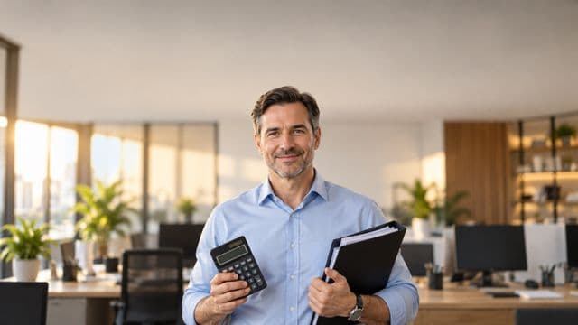 Contador sorrindo, com camisa social azul-clara, segurando uma calculadora e uma pasta de documentos, em um escritório contábil moderno