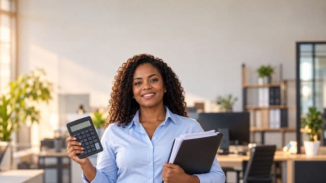 Contadora sorrindo, com camisa social azul-clara, segurando uma calculadora e uma pasta de documentos, em um escritório contábil moderno