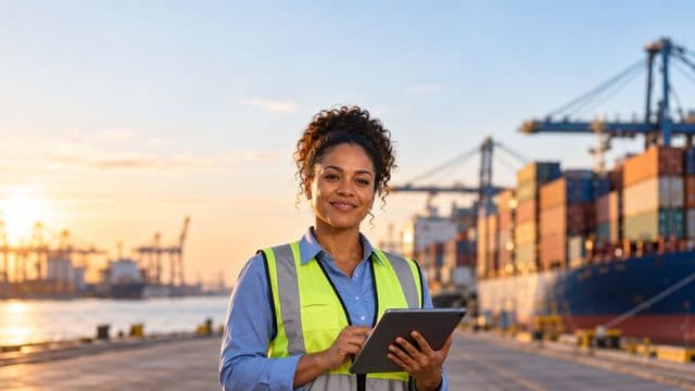 Analista de comércio exterior sorrindo, com camisa social azul e colete refletivo, segurando um tablet, em um porto com contêineres coloridos empilhados