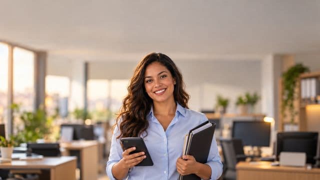 Contadora sorrindo, com camisa social azul-clara, segurando uma calculadora e uma pasta de documentos, em um escritório contábil moderno