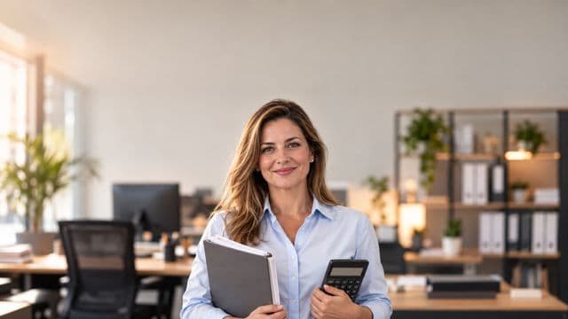 Contadora sorrindo, com camisa social azul-clara, segurando uma calculadora e uma pasta de documentos, em um escritório contábil moderno