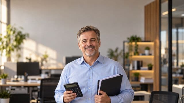 Contador sorrindo, com camisa social azul-clara, segurando uma calculadora e uma pasta de documentos, em um escritório contábil moderno