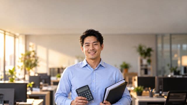 Contador sorrindo, com camisa social azul-clara, segurando uma calculadora e uma pasta de documentos, em um escritório contábil moderno