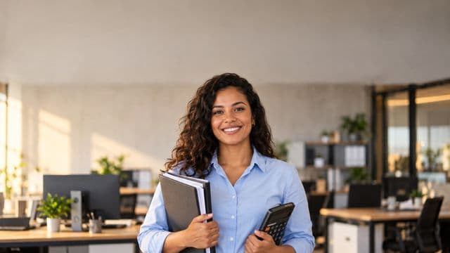 Contadora sorrindo, com camisa social azul-clara, segurando uma calculadora e uma pasta de documentos, em um escritório contábil moderno
