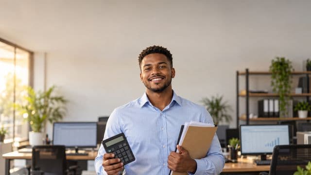 Contador sorrindo, com camisa social azul-clara, segurando uma calculadora e uma pasta de documentos, em um escritório contábil moderno