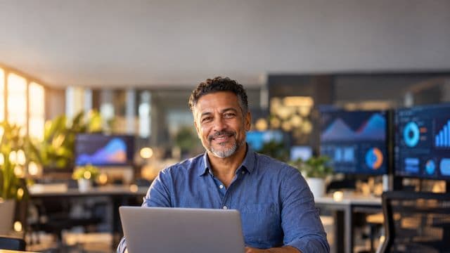 Cientista de dados sorrindo, com camisa casual azul, segurando um notebook aberto, em um escritório de tecnologia moderno com telas de gráficos desfocadas