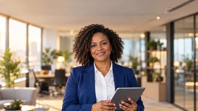 Profissional sorrindo, com blazer azul sobre camisa branca, segurando um tablet, em um escritório moderno e bem iluminado