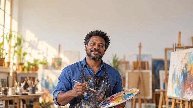 Arte-educador sorrindo, com avental de ateliê sobre camisa azul, segurando um pincel e uma paleta de cores, em um ateliê de artes claro com telas e cavaletes