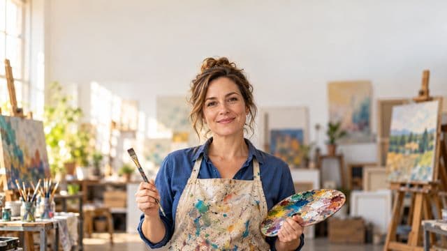 Arte-educadora sorrindo, com avental de ateliê sobre camisa azul, segurando um pincel e uma paleta de cores, em um ateliê de artes claro com telas e cavaletes