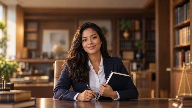 Advogada sorrindo, com terno azul-marinho e camisa branca, segurando um livro de capa lisa e uma caneta, em um escritório de advocacia elegante com estantes de livros