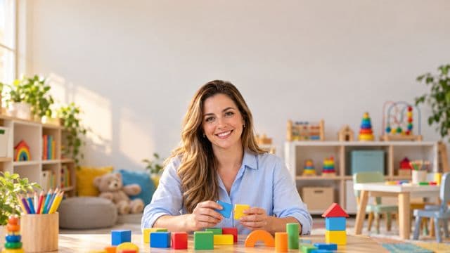 Psicopedagoga sorrindo, com camisa azul-clara, segurando blocos de montar coloridos, em uma sala de atendimento infantil colorida e organizada, com brinquedos pedagógicos