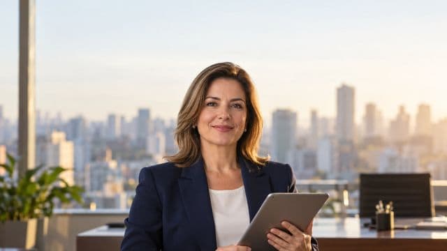 Analista financeira sorrindo, com terno azul-marinho, segurando um tablet, em um escritório corporativo com vista para a cidade