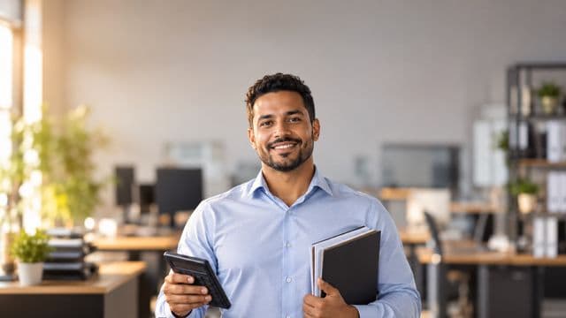 Contador sorrindo, com camisa social azul-clara, segurando uma calculadora e uma pasta de documentos, em um escritório contábil moderno