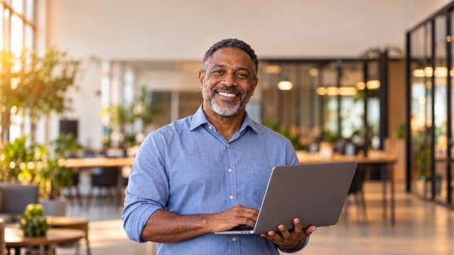 Empreendedor sorrindo, com camisa social azul com as mangas dobradas, segurando um notebook, em um espaço de coworking moderno e iluminado