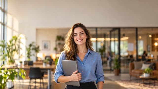 Empreendedora sorrindo, com camisa social azul com as mangas dobradas, segurando um notebook, em um espaço de coworking moderno e iluminado