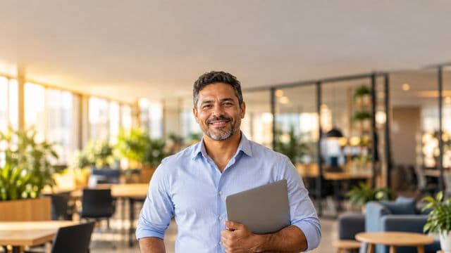Empreendedor sorrindo, com camisa social azul com as mangas dobradas, segurando um notebook, em um espaço de coworking moderno e iluminado