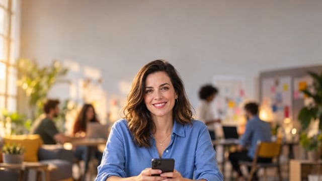 Profissional de marketing sorrindo, com camisa casual azul, segurando um smartphone, em uma agência criativa moderna com equipe desfocada e quadros de ideias