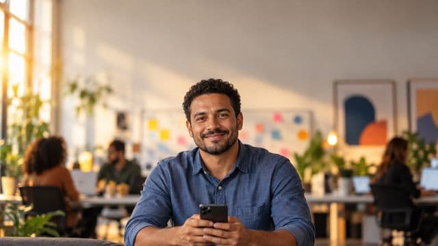 Profissional de marketing sorrindo, com camisa casual azul, segurando um smartphone, em uma agência criativa moderna com equipe desfocada e quadros de ideias