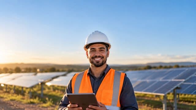 Engenheiro eletricista sorrindo, com capacete branco e colete laranja, segurando um tablet, em uma usina de painéis solares sob céu claro