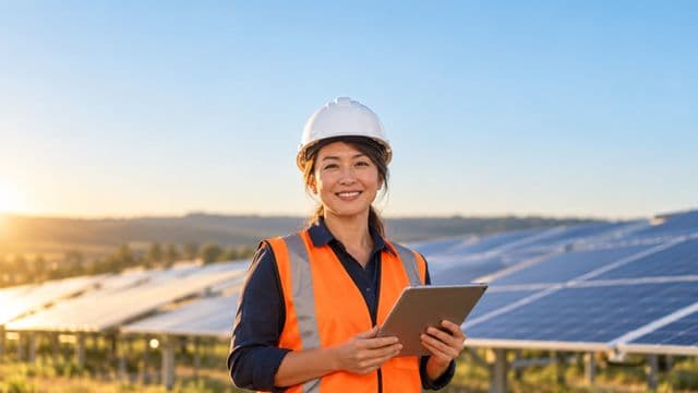 Engenheira eletricista sorrindo, com capacete branco e colete laranja, segurando um tablet, em uma usina de painéis solares sob céu claro