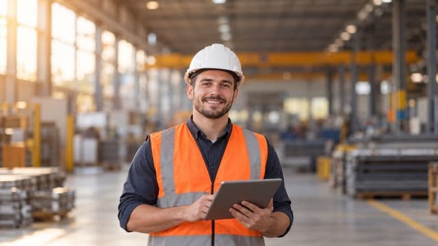 Técnico de segurança do trabalho sorrindo, com capacete branco e colete refletivo laranja, segurando um tablet, em um galpão industrial organizado