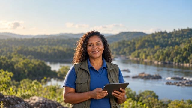 Gestora ambiental sorrindo, com camisa polo azul e colete de campo, segurando um tablet, em uma área de preservação com mata e um rio