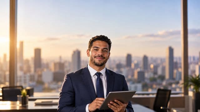 Analista financeiro sorrindo, com terno azul-marinho, segurando um tablet, em um escritório corporativo com vista para a cidade