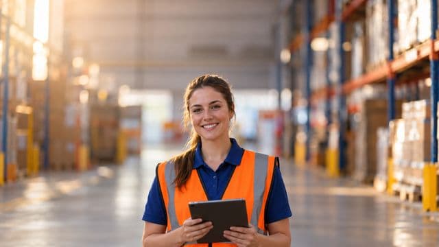Profissional de logística sorrindo, com colete refletivo laranja sobre camisa polo azul, segurando um tablet, em um centro de distribuição com prateleiras altas e caixas