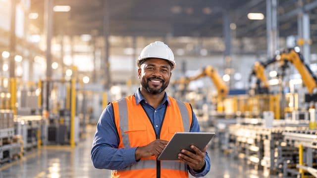 Engenheiro de produção sorrindo, com capacete branco e colete laranja sobre camisa azul, segurando um tablet, em uma fábrica moderna com linha de produção e braços robóticos