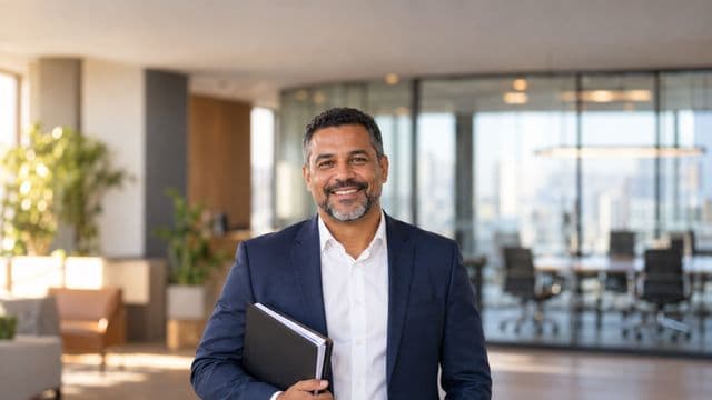 Profissional de recursos humanos sorrindo, com blazer azul sobre camisa branca, segurando uma pasta de documentos, em um escritório moderno com uma sala de reunião envidraçada