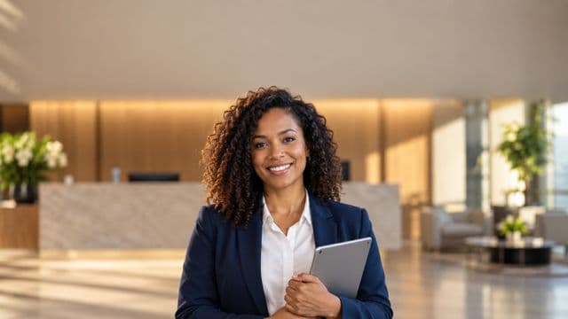 Secretária executiva sorrindo, com blazer azul-marinho sobre camisa branca, segurando um tablet, em a recepção elegante de uma empresa