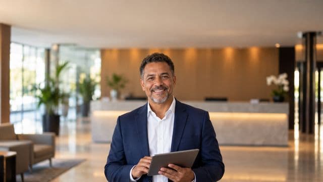 Secretário executivo sorrindo, com blazer azul-marinho sobre camisa branca, segurando um tablet, em a recepção elegante de uma empresa