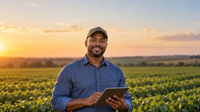 Engenheiro agrônomo sorrindo, com camisa azul de mangas compridas e boné, segurando um tablet, em uma plantação extensa no fim da tarde