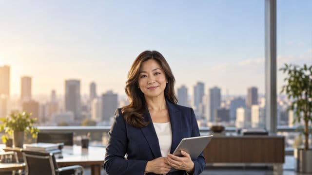 Analista financeira sorrindo, com terno azul-marinho, segurando um tablet, em um escritório corporativo com vista para a cidade