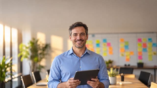 Gerente de projetos sorrindo, com camisa social azul, segurando um tablet, em uma sala de reunião com um quadro de tarefas cheio de post-its coloridos