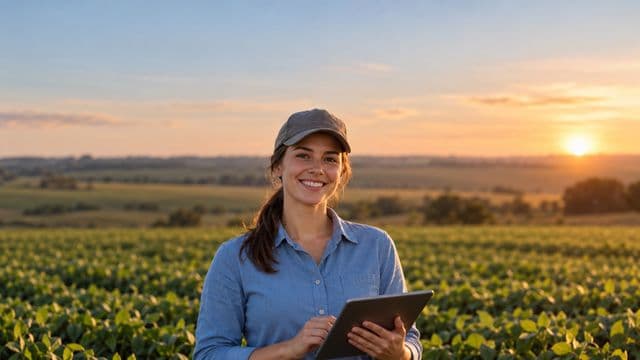 Engenheira agrônoma sorrindo, com camisa azul de mangas compridas e boné, segurando um tablet, em uma plantação extensa no fim da tarde