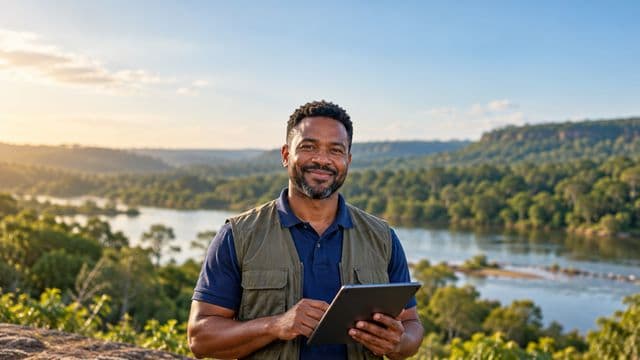 Gestor ambiental sorrindo, com camisa polo azul e colete de campo, segurando um tablet, em uma área de preservação com mata e um rio
