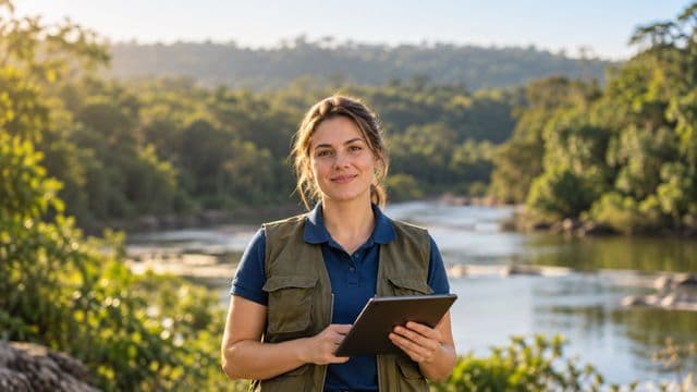 Gestora ambiental sorrindo, com camisa polo azul e colete de campo, segurando um tablet, em uma área de preservação com mata e um rio