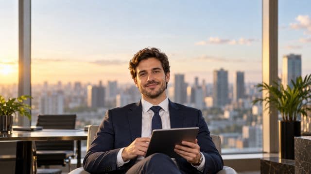 Analista financeiro sorrindo, com terno azul-marinho, segurando um tablet, em um escritório corporativo com vista para a cidade