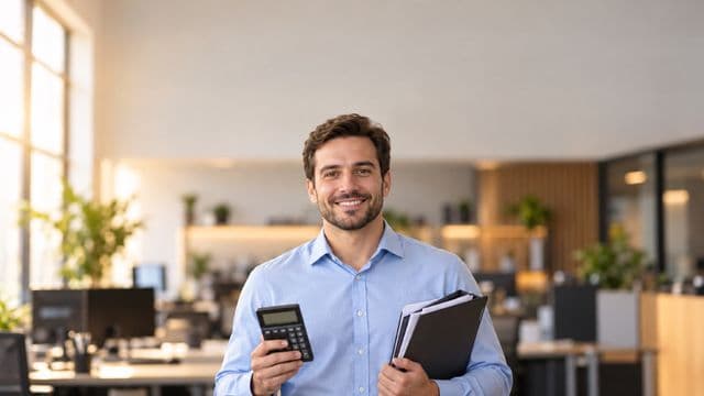 Contador sorrindo, com camisa social azul-clara, segurando uma calculadora e uma pasta de documentos, em um escritório contábil moderno