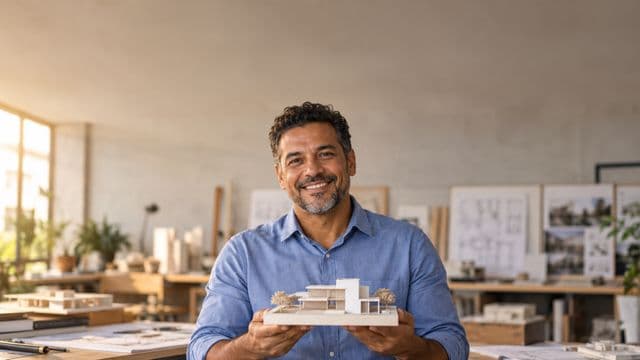 Arquiteto sorrindo, com camisa social azul, segurando uma pequena maquete branca, em um escritório de arquitetura com pranchetas e maquetes