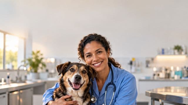 Médica veterinária sorrindo, com jaleco azul e estetoscópio, segurando com carinho um cachorro de porte médio, em uma clínica veterinária moderna e clara