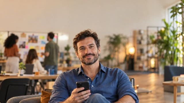 Profissional de marketing sorrindo, com camisa casual azul, segurando um smartphone, em uma agência criativa moderna com equipe desfocada e quadros de ideias