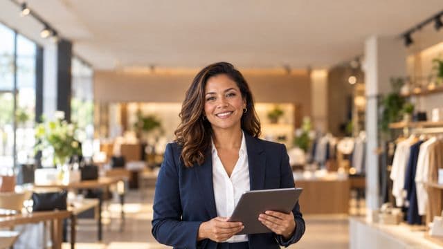 Gerente comercial sorrindo, com blazer azul-marinho sobre camisa branca, segurando um tablet, em uma loja moderna e bem iluminada